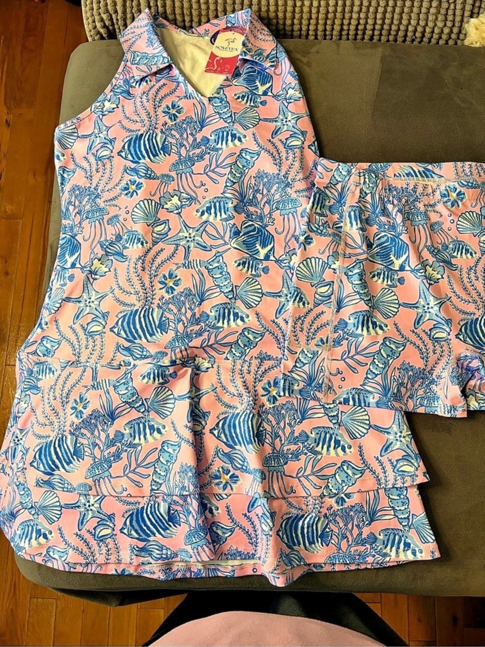 New Soneven Tropical Marine V-Neck Sleeveless Dress W/ Shorts Golf Dress Size L
